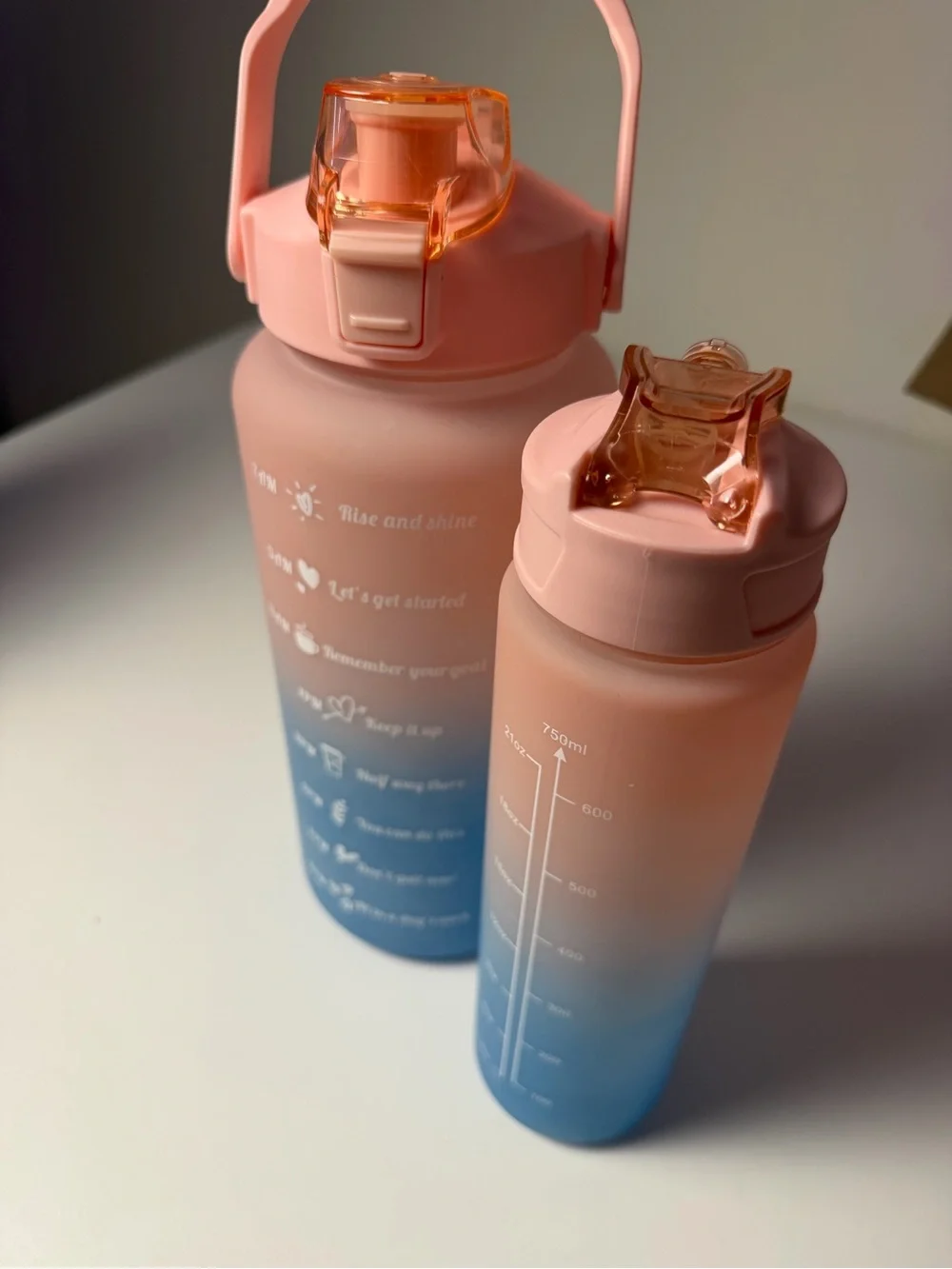 Gradient Pink and Blue Motivational Water Bottle Set